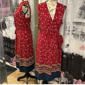 Anne Klein red wrap dress stretch jersey sleeveless printed dots yellow blue 12